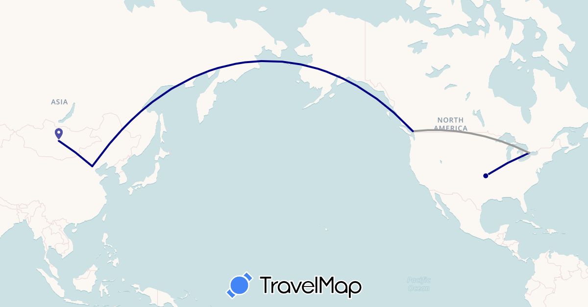 TravelMap itinerary: driving, plane in Canada, China, Colombia, Mongolia, United States (Asia, North America, South America)